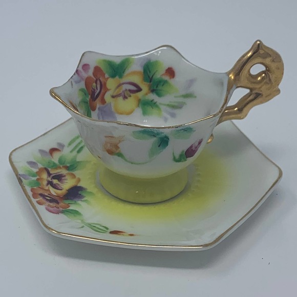 Vintage Mini Tea Cup, Saucer Scallop Edge Hand Painted Trim Gold Yellow Floral - Picture 1 of 9